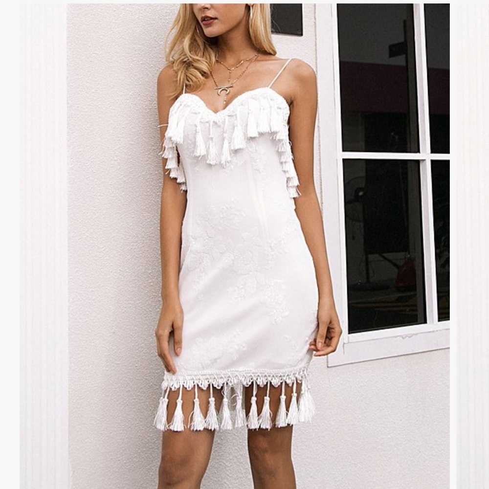 Boutique White Sequin with Tassels Dress
